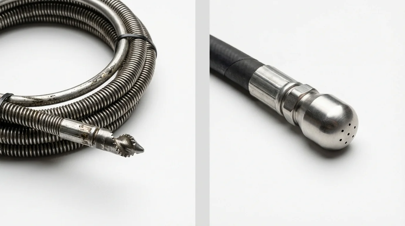Drain snake cable and hydro jetting nozzle used for drain cleaning in La Mirada, CA