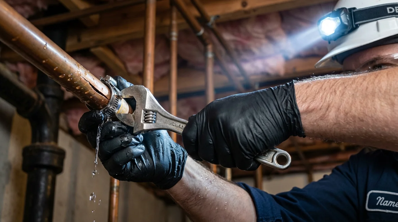 Emergency pipe clamp repair being performed by a Johns Plumbing LLC plumber in La Mirada