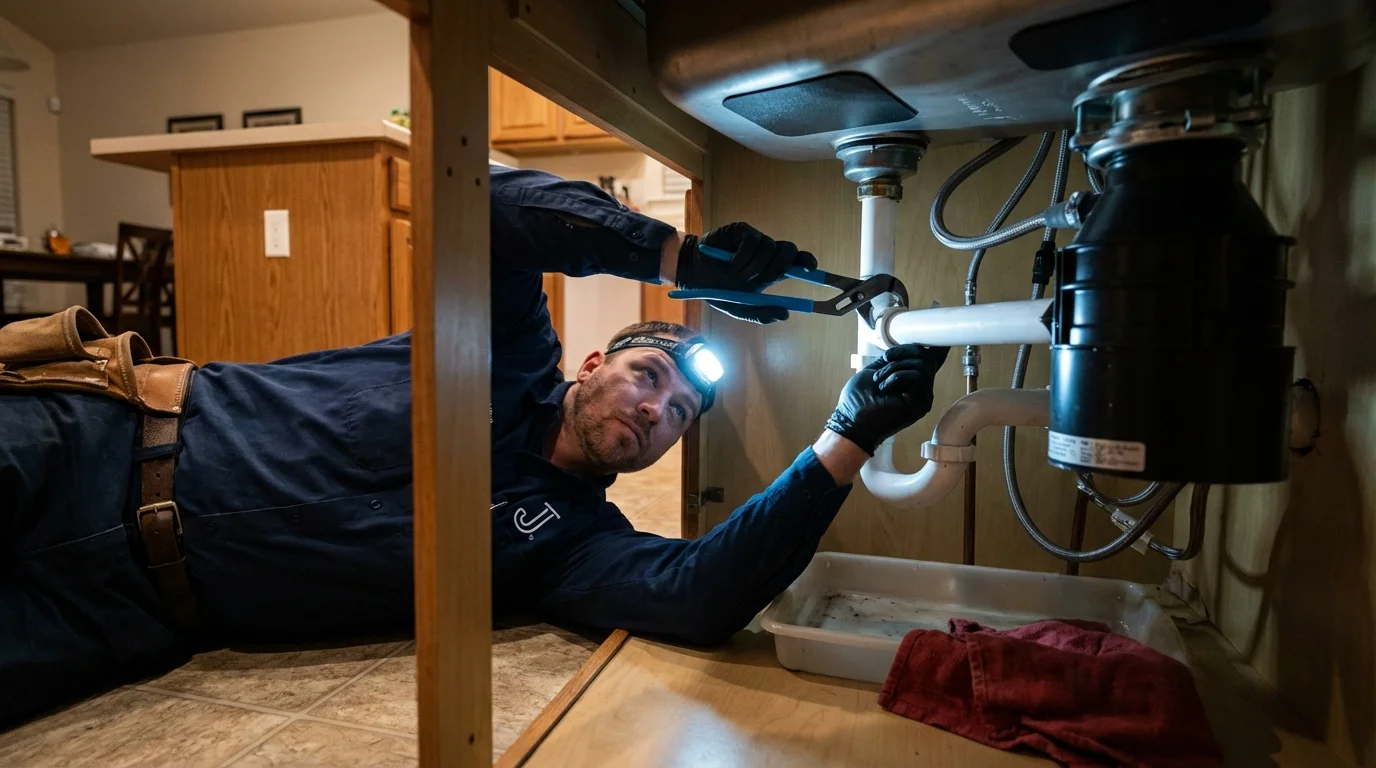P-trap and supply line connections under a kitchen sink showing a common leak point in La Mirada, CA